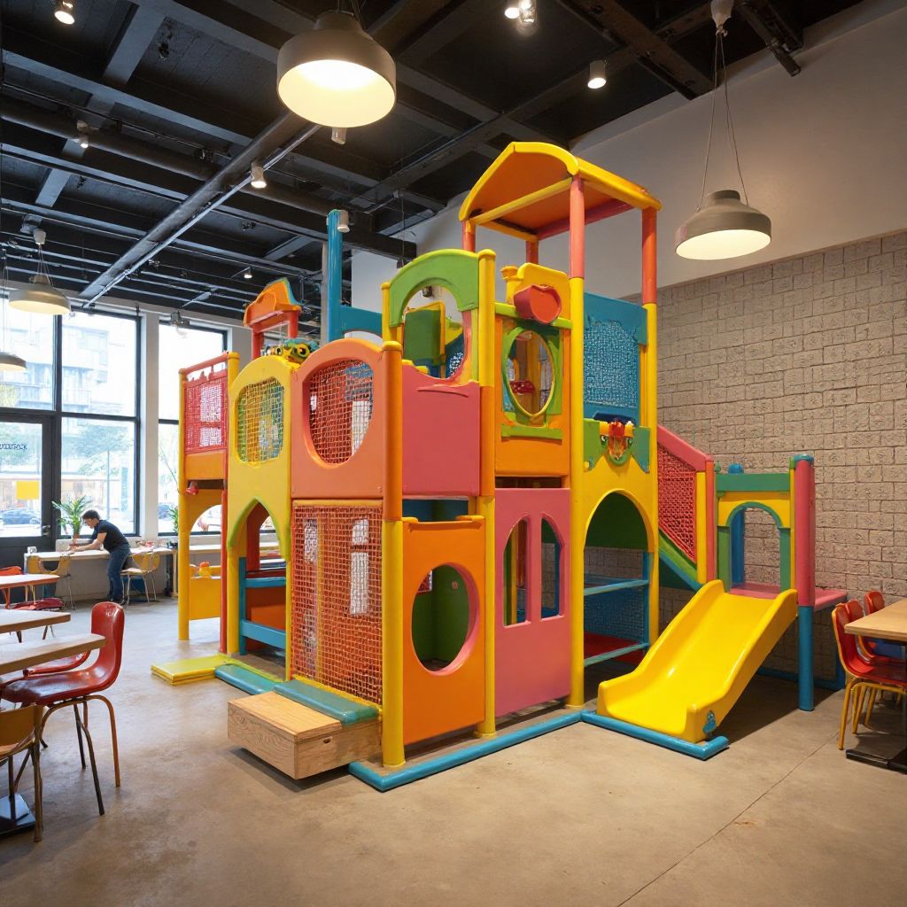 Children's play area with climbing structures and creative play zones